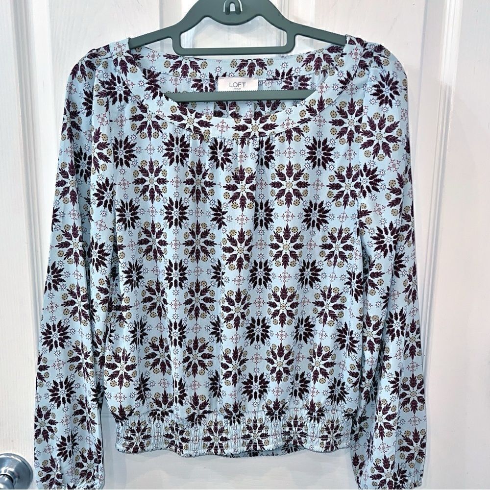 Loft blouson top with long lantern sleeves in light blue/aqua with designs-XS